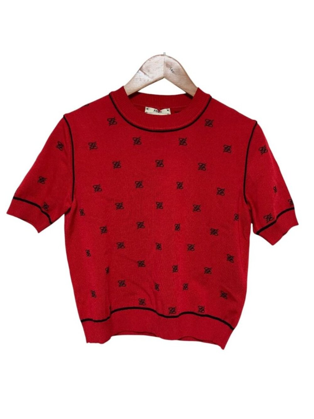 Fendi FF Pattern Embroidery Short Sleeve Knit Sweater Red Black